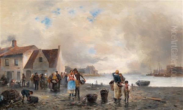 Hustle And Bustle At The Fish Market Oil Painting by Emil Barbarini