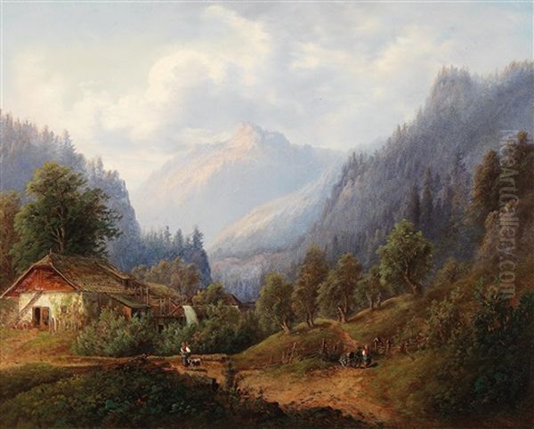 Mountain Landscape With Decorative Figures Oil Painting by Emil Barbarini