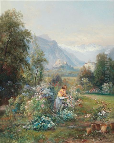 In The Flower Garden With View Of Schloss Tirol(?) Oil Painting by Emil Barbarini