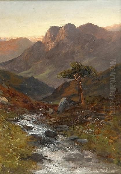 Mountains And Burn At Sunset Oil Painting by J. S. Adel