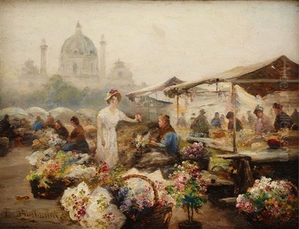 Blomstermarknad Vid Karlskirche, Wien Oil Painting by Emil Barbarini