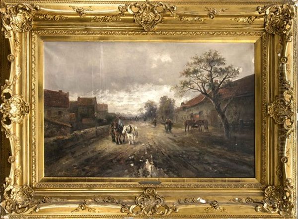 Eine Dorfliche Szene Im Herbst Mit Regem Treiben Auf Der Schlammigen Strasse Oil Painting by Emil Barbarini