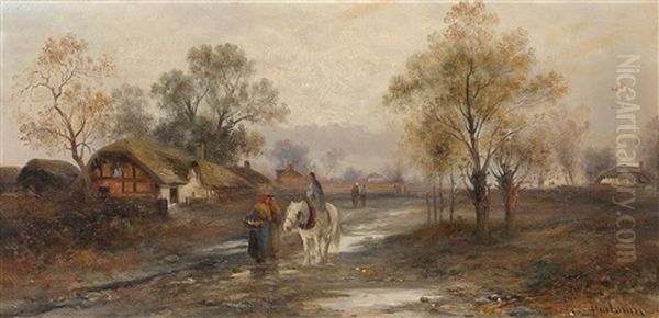 Country Road With Group Of Figures Oil Painting by Emil Barbarini