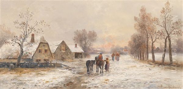 Village In Winter Oil Painting by Emil Barbarini