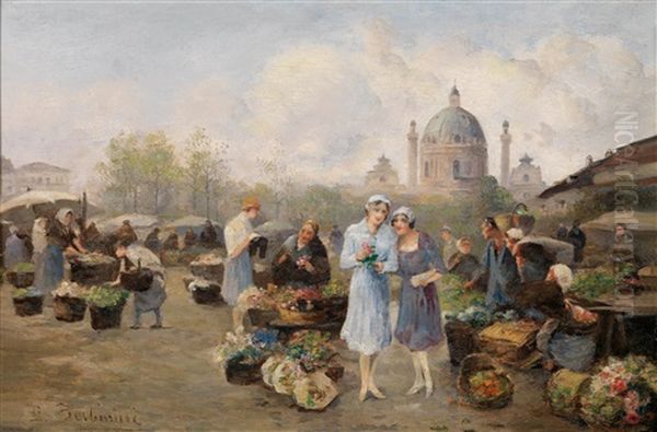 Blumenmarkt Am Wiener Naschmarkt Oil Painting by Emil Barbarini