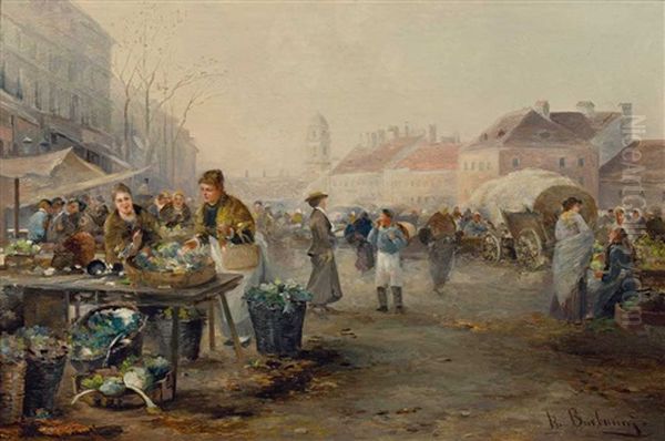 Markttag Mit Lebhaftem Treiben An Einem Dunstigen Fruhlingstag Oil Painting by Emil Barbarini