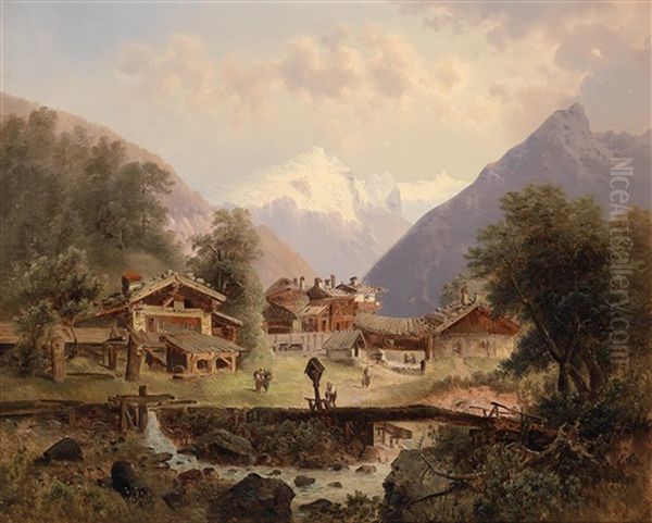 Dorfidylle Im Hintergrund Hochgebirge Oil Painting by Emil Barbarini