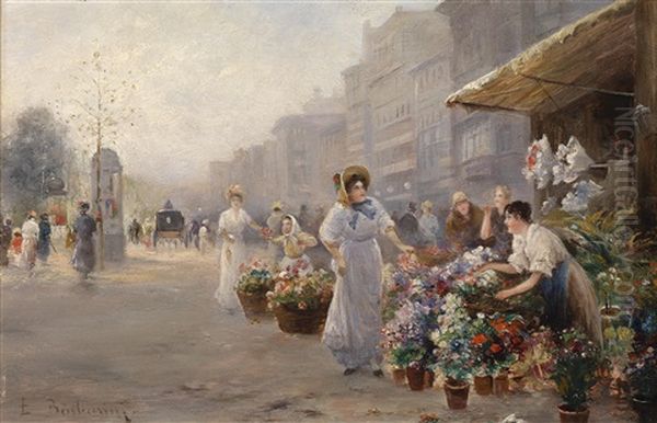 Ein Blumenmarkt Oil Painting by Emil Barbarini