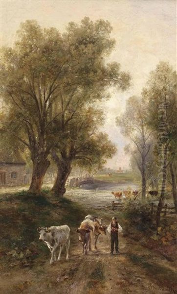 Kuhherde Am Bauernhof-weiher Oil Painting by Emil Barbarini