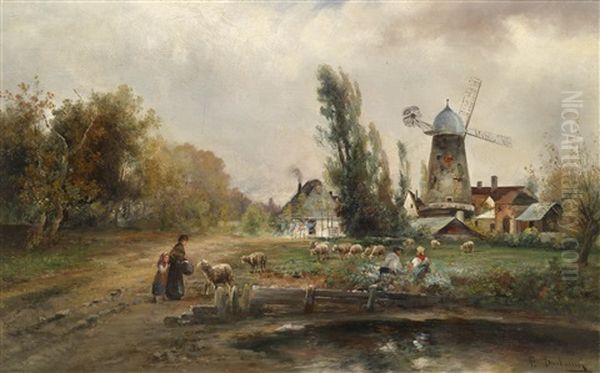 Reges Treiben Vor Einem Hollandischen Dorf Oil Painting by Emil Barbarini