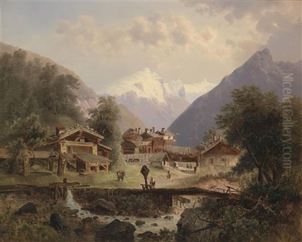 Gebirgsdorf Im Hintergrund Alpenpanorama Oil Painting by Emil Barbarini