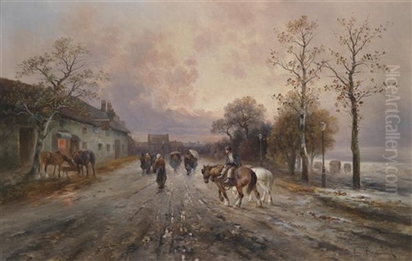 Abendstimmung Uber Einer Dorflandschaft Oil Painting by Emil Barbarini