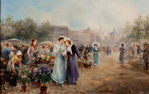 Flower Market Near Vienna's St. Charles Church Oil Painting by Emil Barbarini