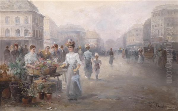 Blumenmarkt In Brussel Oil Painting by Emil Barbarini