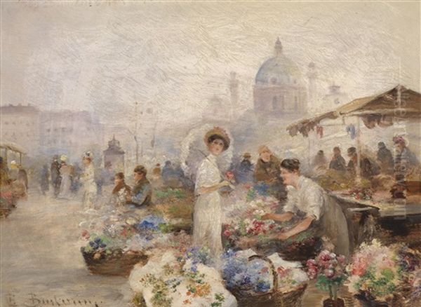 Wiener Naschmarkt, Karlskirche Oil Painting by Emil Barbarini