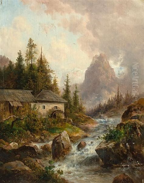 An Alpine Landscape With A Village (+ An Alpine Landscape With A Mill, Smllr; Pair) Oil Painting by Emil Barbarini