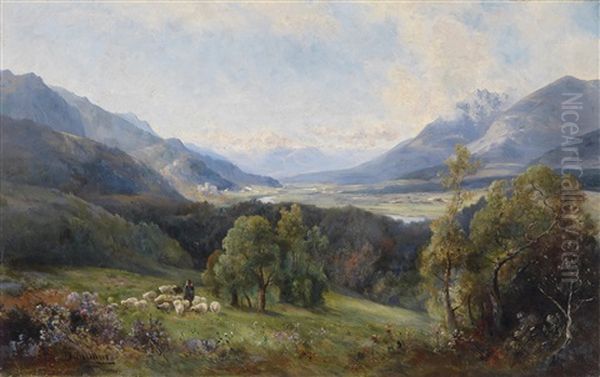 Blick In Ein Tal, Im Vordergrund Eine Schafherde Oil Painting by Emil Barbarini