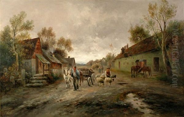 Village Street In Early Evening Oil Painting by Emil Barbarini