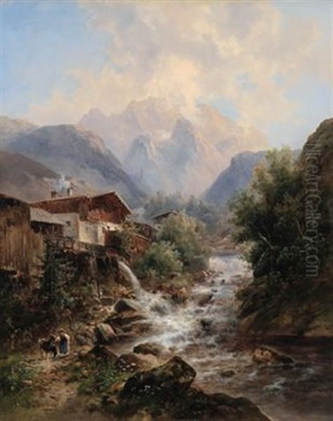 Ziegenhirtin Am Gebirgsbach Bei Partenkirchen (?) Oil Painting by Emil Barbarini