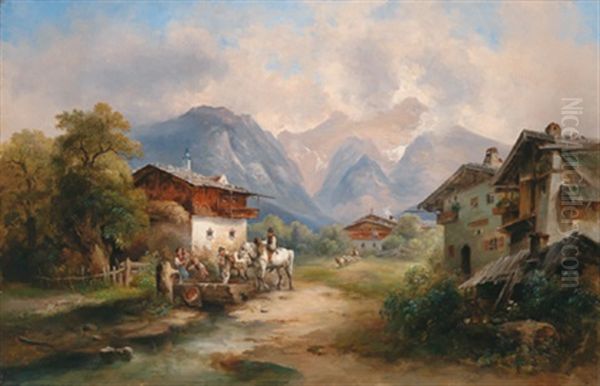 Am Dorfbrunnen Oil Painting by Emil Barbarini