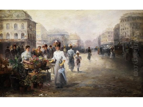 Blumenmarkt In Einer Breiten Grossstadtstrasse Mit Kutschen, Passanten Und Einer Jungen Dame Am Blumenstand Oil Painting by Emil Barbarini