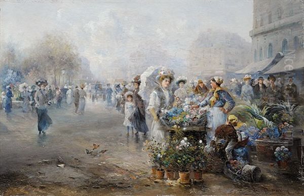 Blumenmarkt In Paris Oil Painting by Emil Barbarini