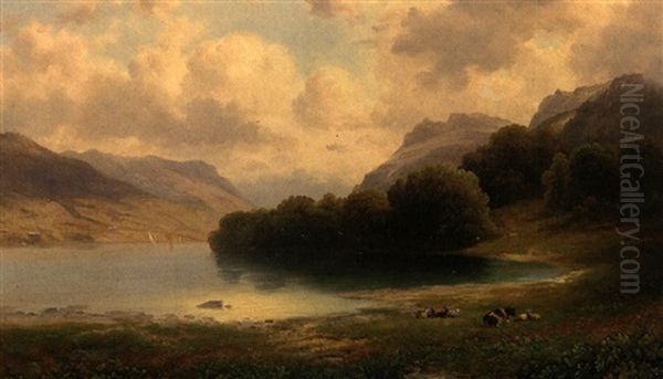 Partie Aus Oberosterreich - Sommerliche Fluslandschaft Mit Ruhender Herde Am Ufer Oil Painting by Emil Barbarini