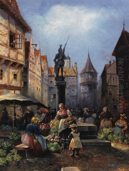 Gemusemarkt Im Alten Stadtchen Oil Painting by Emil Barbarini