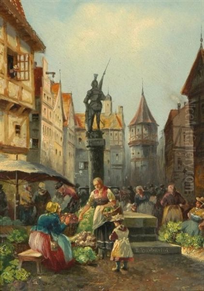 Gemusemarkt In Altem Stadtchen Oil Painting by Emil Barbarini