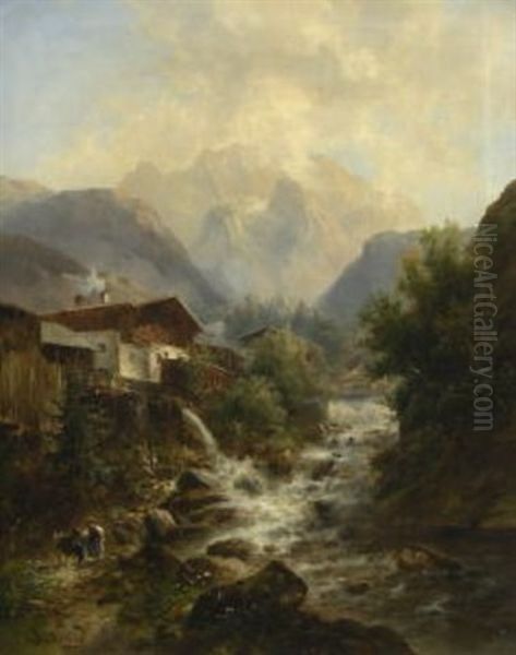 Bauernhauser Am Gebirgsbach Oil Painting by Emil Barbarini