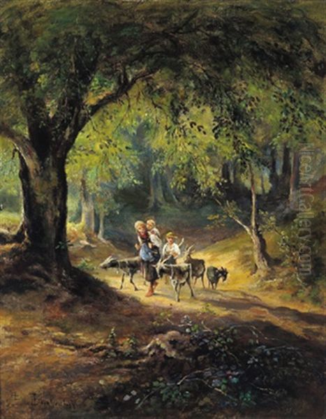 Bauernkinder Mit Ziegen Am Waldweg Oil Painting by Emil Barbarini