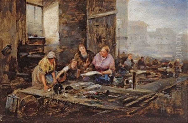 Fischverkauferin Am Wiener Naschmarkt (?) Oil Painting by Emil Barbarini