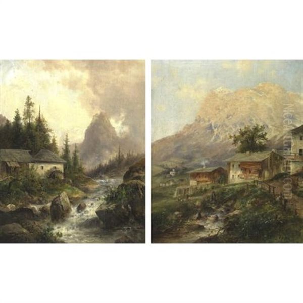 Cottages In The Alps (pair) Oil Painting by Emil Barbarini