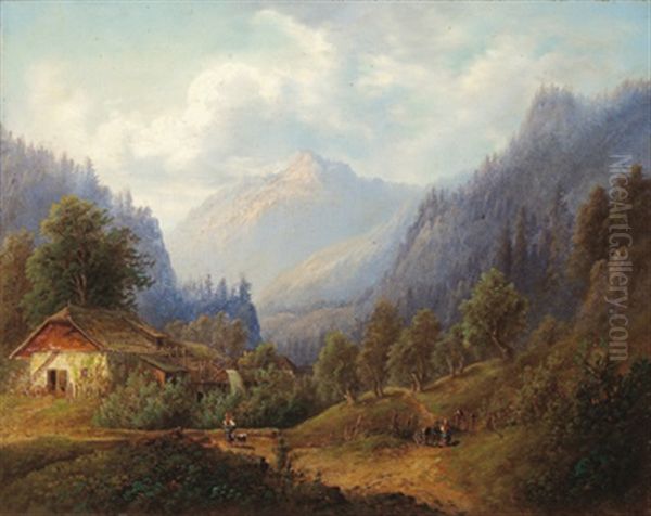 Gebirgslandschaft Mit Figurlicher Staffage Oil Painting by Emil Barbarini