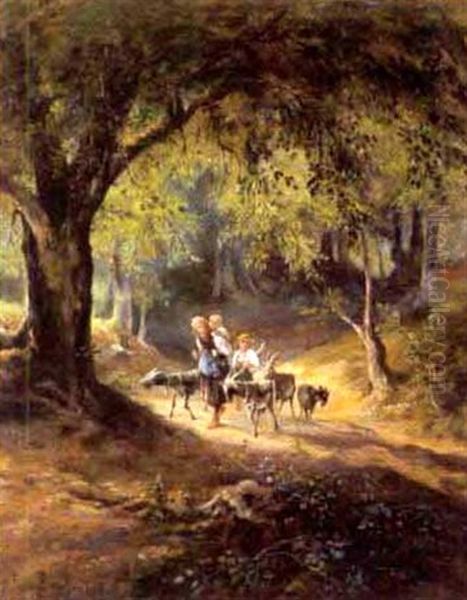 Bauernkinder Mit Ziegen Am Waldweg Oil Painting by Emil Barbarini