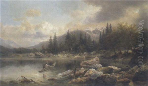 Gebirgssee Mit Fischer Oil Painting by Emil Barbarini