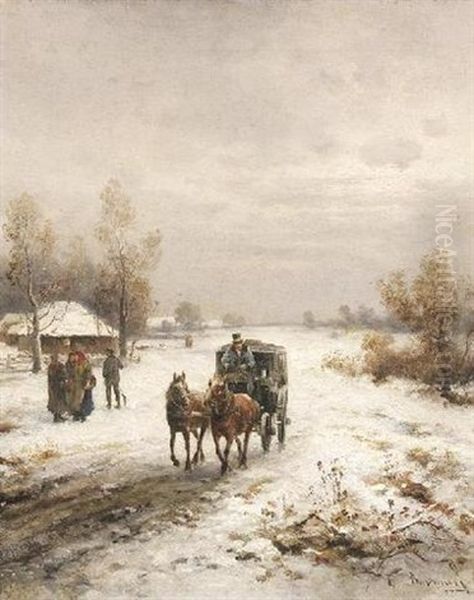 Postkutsche Auf Verschneitem Weg Vor Einem Dorf Oil Painting by Emil Barbarini