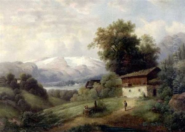 Gebirgslandschaft Mit Bauernhausern Und Figurlicher Staffage Oil Painting by Emil Barbarini