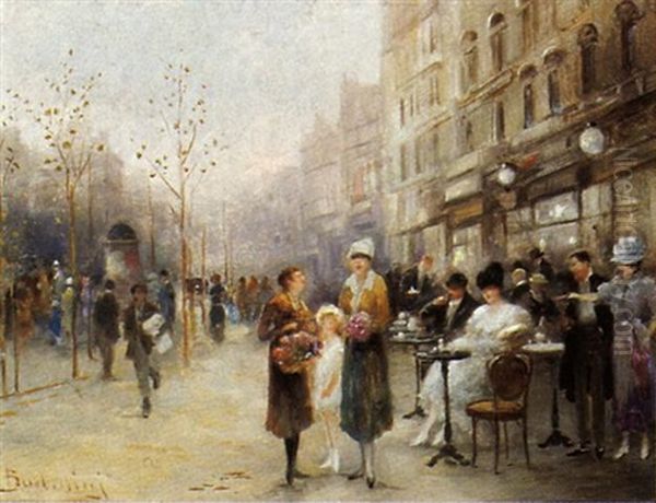 Ein Strasencafe Mit Einer Blumenverkauferin Oil Painting by Emil Barbarini