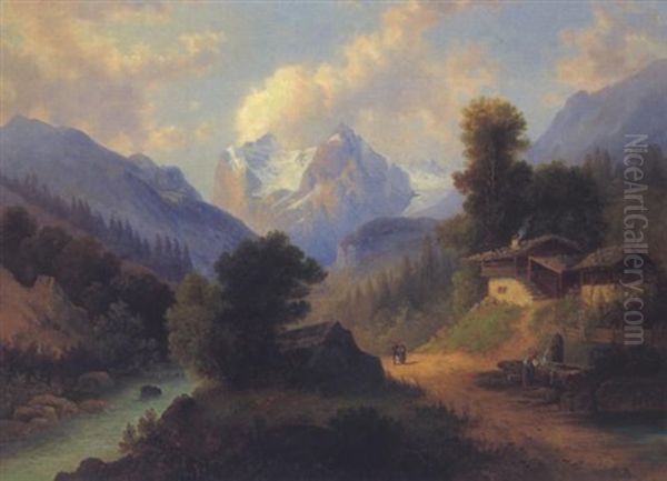 Gebirgige Landschaft Mit Figurlicher Staffage Oil Painting by Emil Barbarini