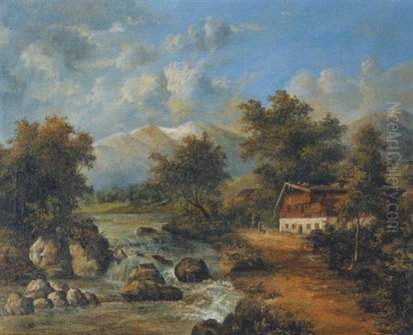 Bauernhaus Am Gebirgsfluss Oil Painting by Emil Barbarini