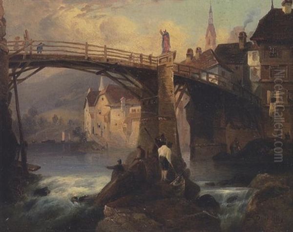 An Der Stromschnelle Unter Einer Brucke (am Oberrhein?) Oil Painting by Emil Barbarini