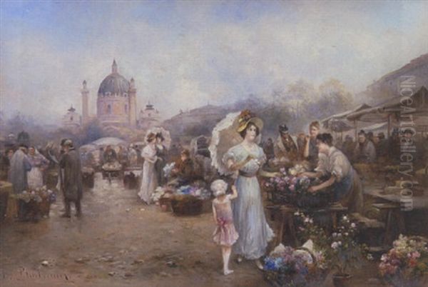 Blumenmarkt Auf Dem Wiener Karlsplatz Oil Painting by Emil Barbarini