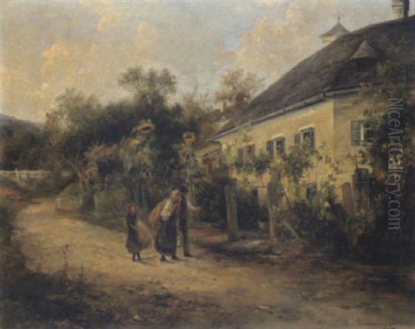 Landliche Dorfstrase Mit Figurlicher Staffage Oil Painting by Emil Barbarini