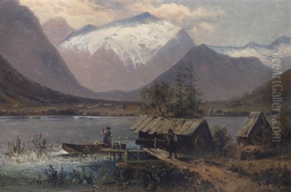 Hallstatter See Mit Blick Auf Den Dachstein Oil Painting by Emil Barbarini