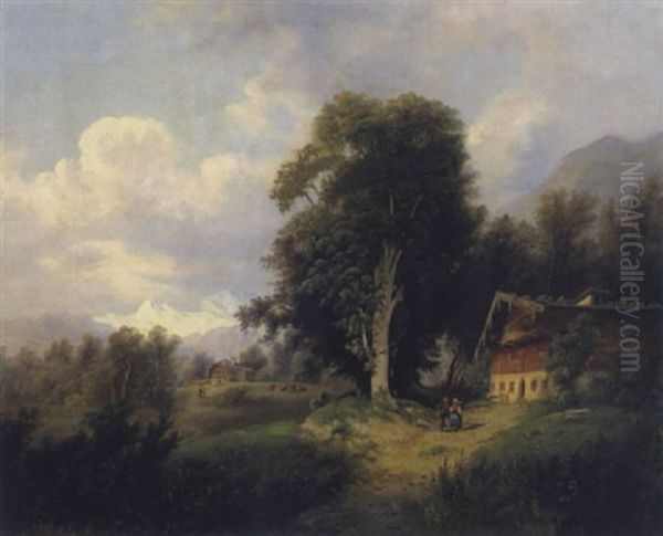 Gebirgslandschaft Mit Bauernhausern Und Figurlicher Staffage Oil Painting by Emil Barbarini