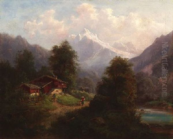 Bauerngehoft In Einem Alpental Mit Blick Auf Schneebedeckte Gipfel Oil Painting by Emil Barbarini