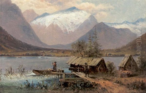 Hallstatter See Mit Blick Auf Den Dachstein Oil Painting by Emil Barbarini