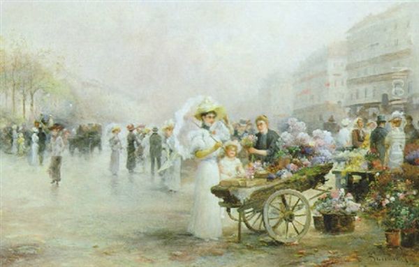 Blumenmarkt (naschmarkt?) Oil Painting by Emil Barbarini