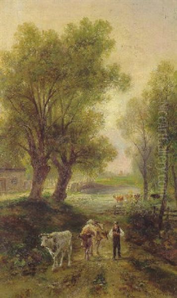 Landschaft Mit Heimkehrender Kuhherde Oil Painting by Emil Barbarini